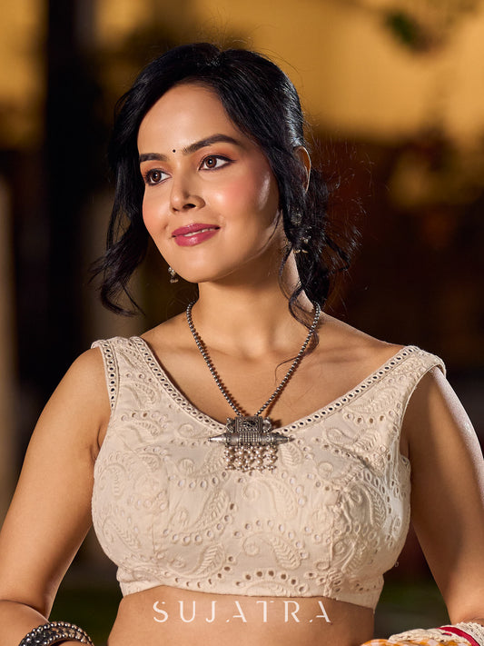 Handcrafted Off-White Pure Cotton Hakoba Blouse with Intricate Paisley Weaves and Mirror Work Lace