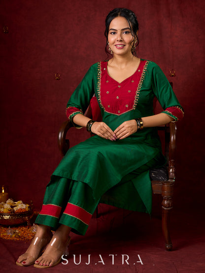 Handcrafted embroidery on luxurious forest green cotton-silk kurta -Pant optional