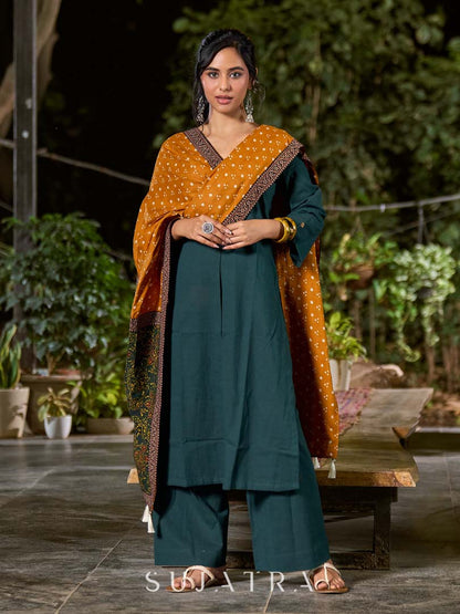Sophisticated Mustard Bandhani Dupatta with Contrasting Ajrakh Pallu
