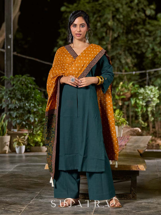 Effortless Mustard Bandhani Printed Dupatta with Ajrakh Pallu