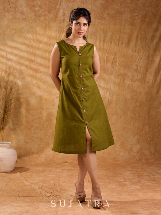 Olive Green Cotton Sleeveless A-Line Dress with Pink Button Front & Side Slit