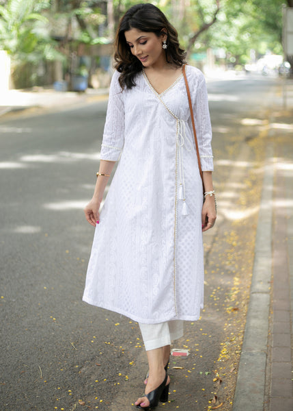 A Line White Chikankari with Gold with Gold Cording Allover -Pant Optional