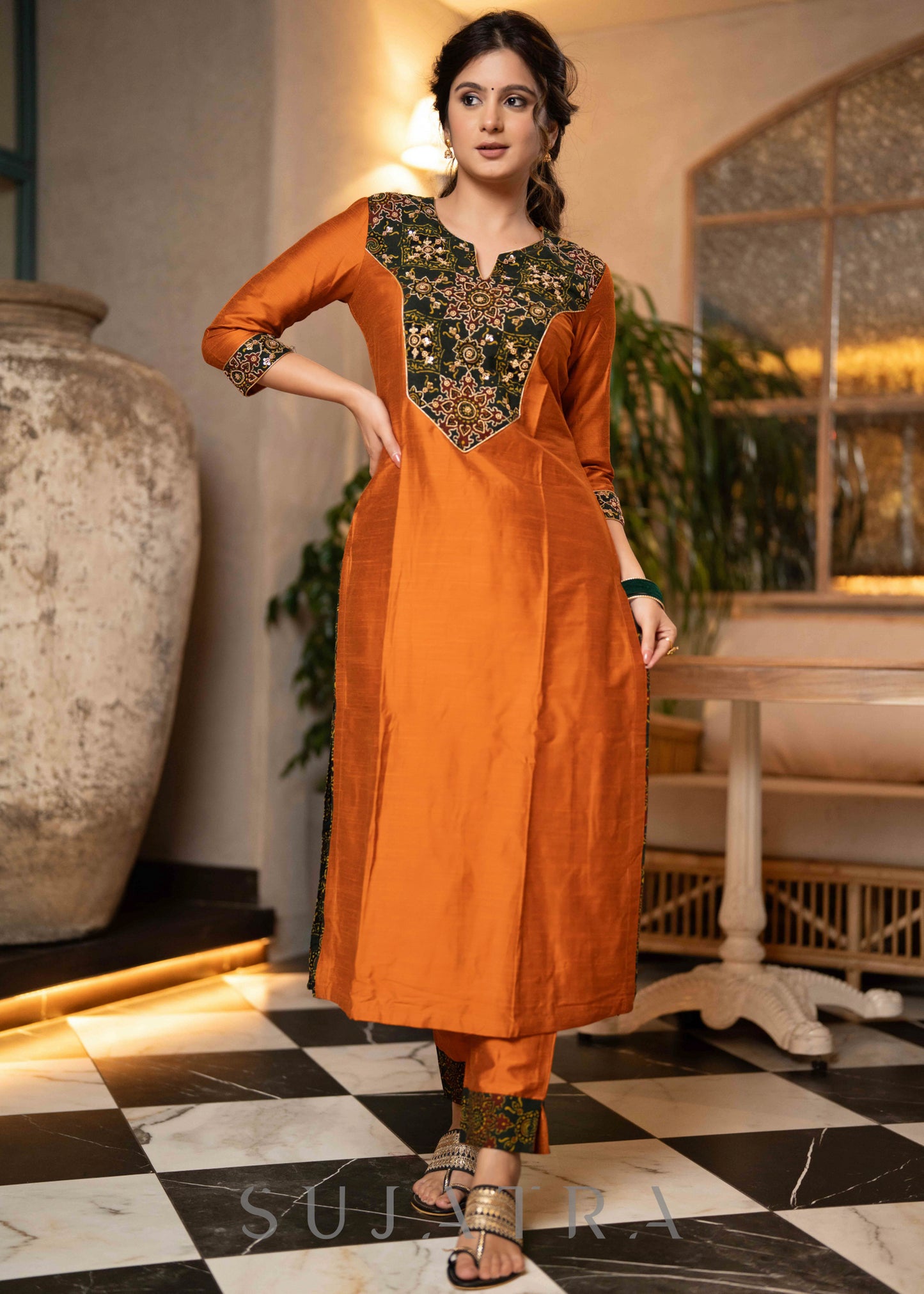 Hand Embroidered Rust Cotton Silk Kurta