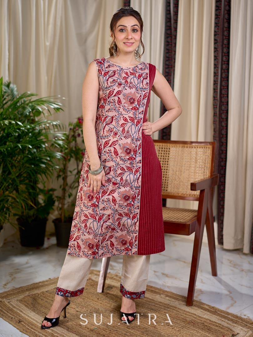 Dusty Peach Floral Hand Block Print Mul Cotton Kurta with Delicate Pintuck Detail