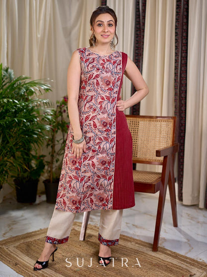 Dusty Peach Floral Hand Block Print Mul Cotton Kurta with Delicate Pintuck Detail