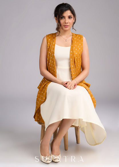 Mustard Majesty Viscose Bandhani Shrug in Flowy High Low Silhouette - Dress optional