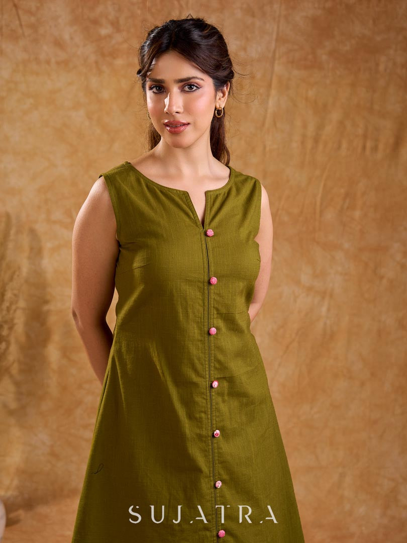 Olive Green Cotton Sleeveless A-Line Dress with Pink Button Front & Side Slit