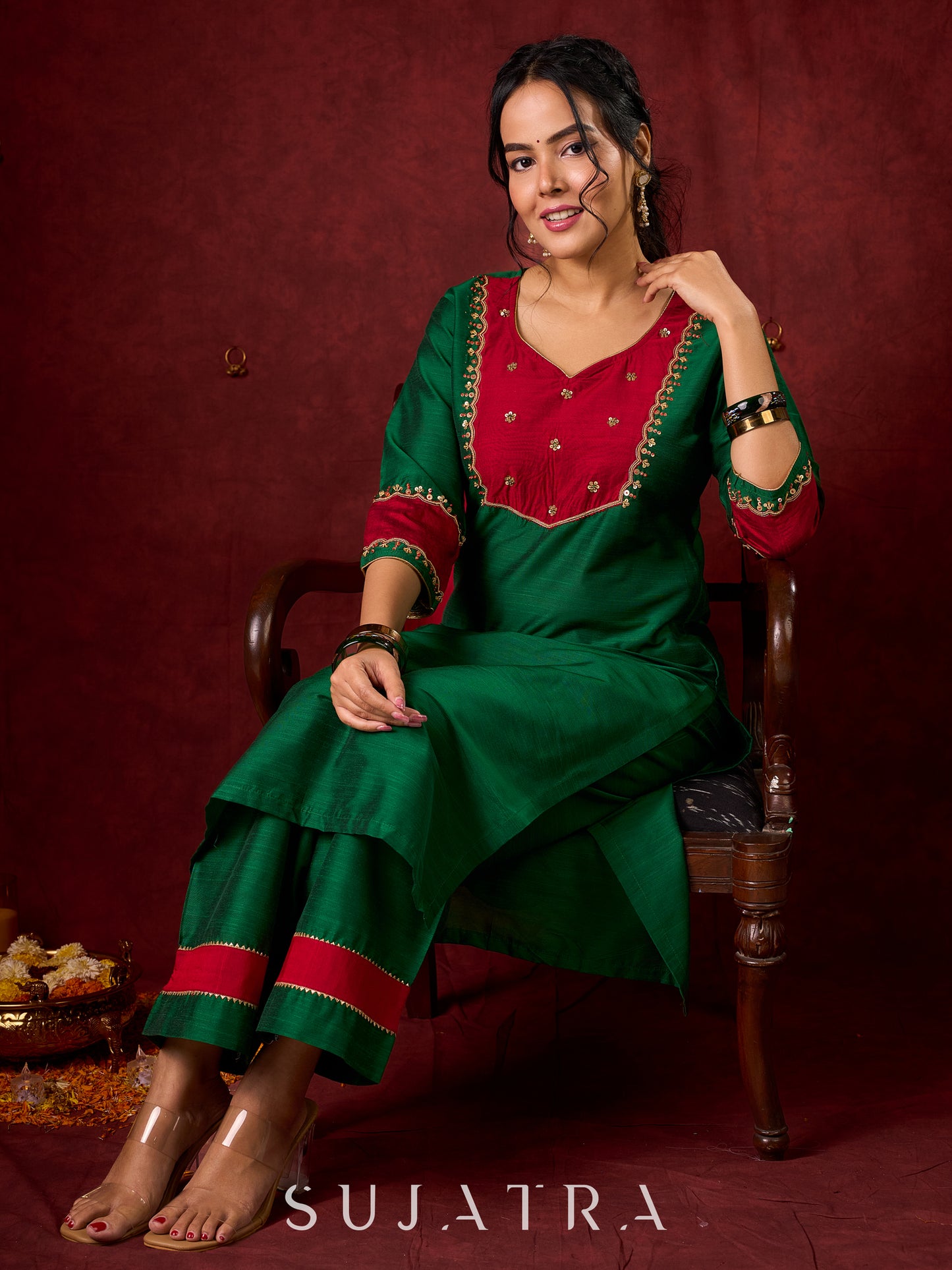 Handcrafted embroidery on luxurious forest green cotton-silk kurta -Pant optional