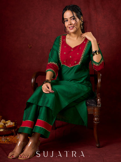 Handcrafted embroidery on luxurious forest green cotton-silk kurta -Pant optional