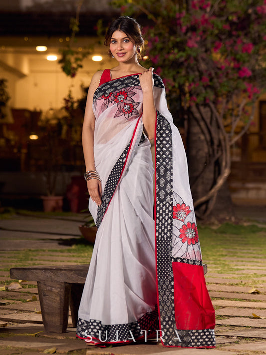 Elegant White Chanderi Saree with Kantha Patchwork Border & Delicate Hand Painting