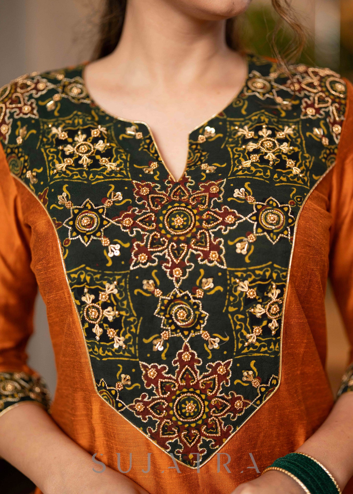 Hand Embroidered Rust Cotton Silk Kurta