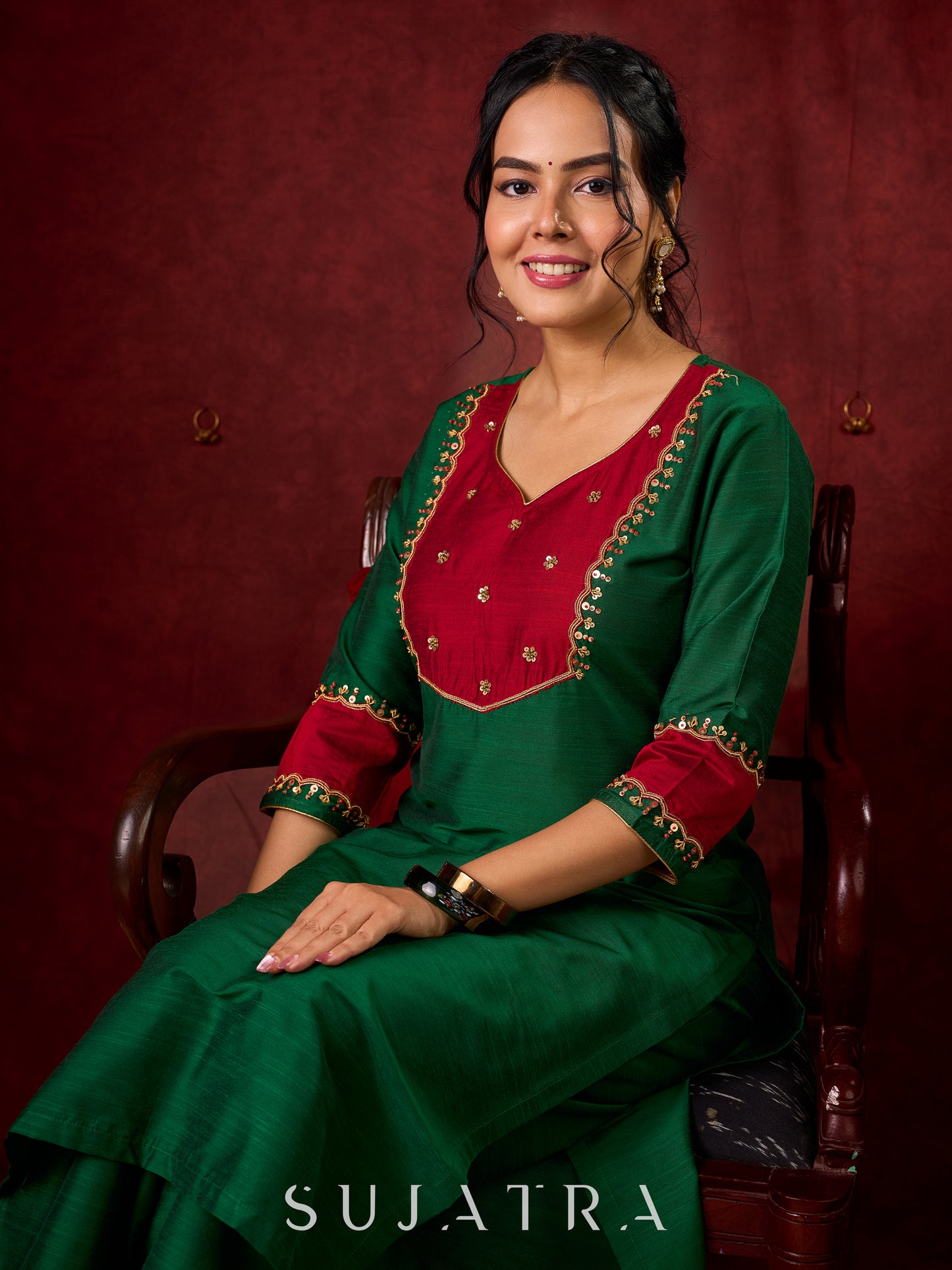 Handcrafted embroidery on luxurious forest green cotton-silk kurta -Pant optional