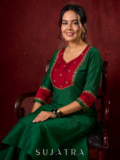 Handcrafted embroidery on luxurious forest green cotton-silk kurta -Pant optional