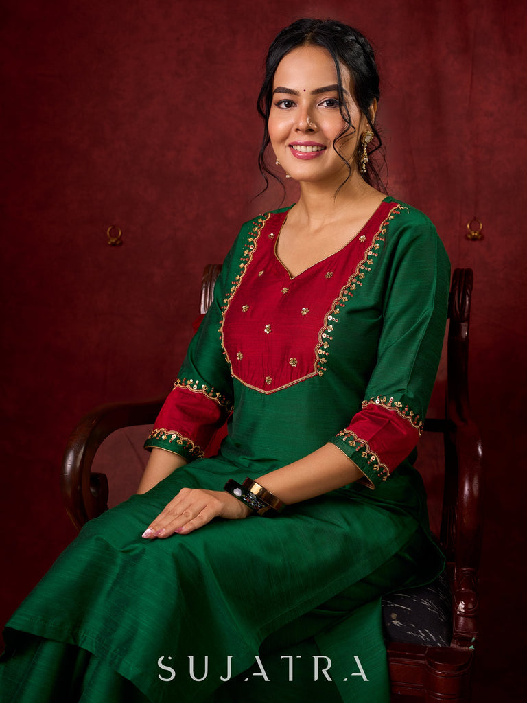 Handcrafted embroidery on luxurious forest green cotton-silk kurta -Pant optional