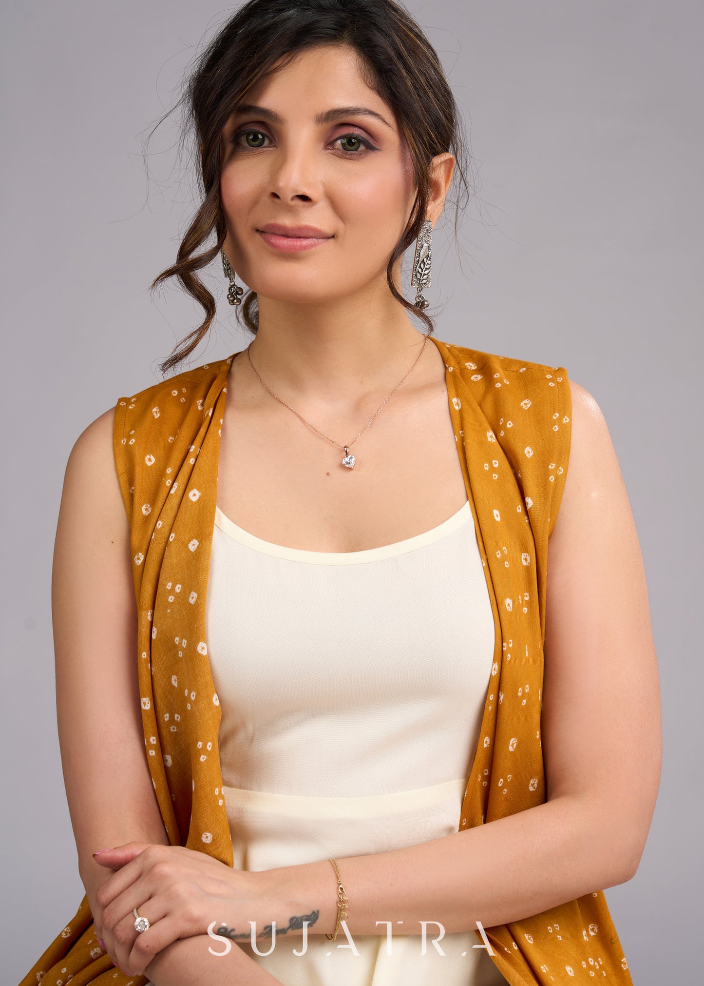 Mustard Majesty Viscose Bandhani Shrug in Flowy High Low Silhouette - Dress optional