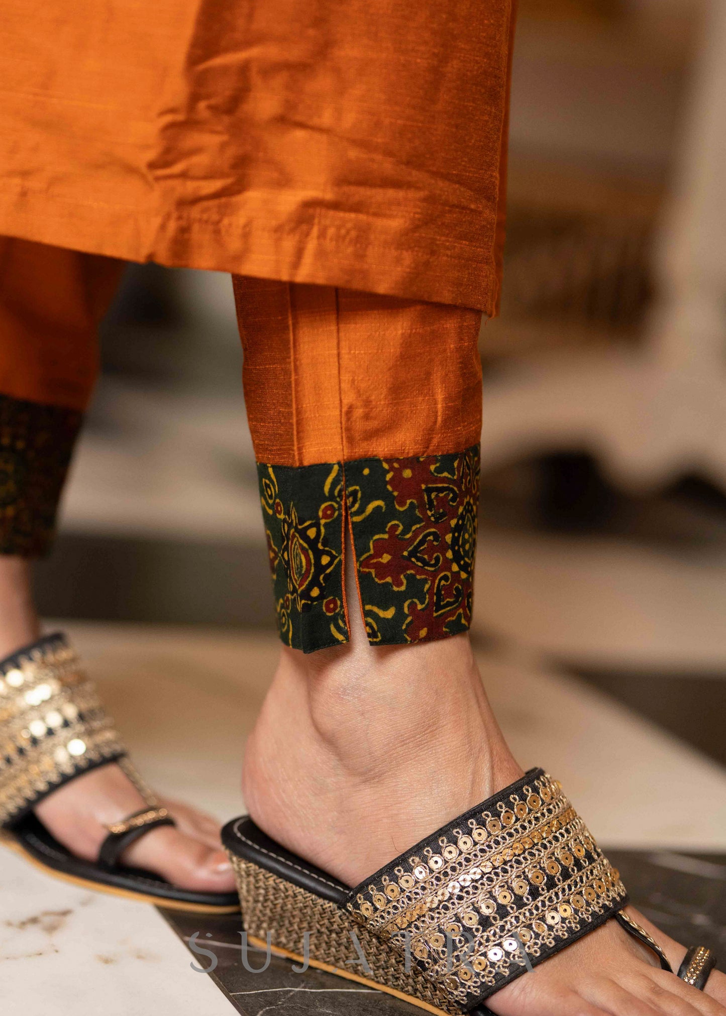 Hand Embroidered Rust Cotton Silk Kurta