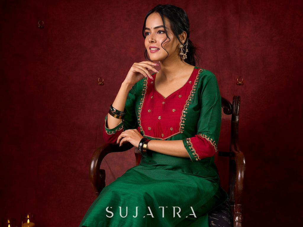 Handcrafted embroidery on luxurious forest green cotton-silk kurta -Pant optional