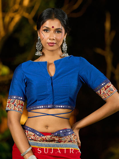 Chic Navy Blue Cotton Silk Blouse with Kalamkari Accent & Mirror Lace Trim
