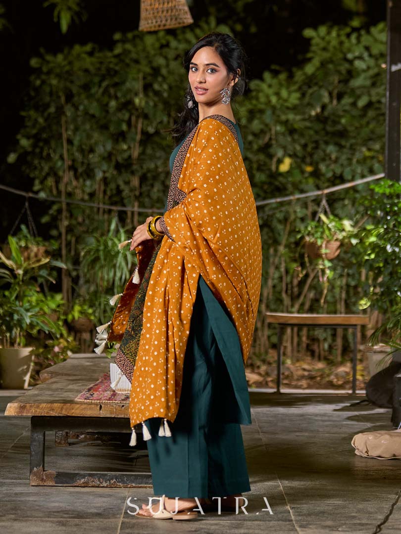 Sophisticated Mustard Bandhani Dupatta with Contrasting Ajrakh Pallu