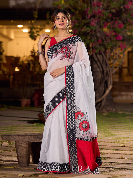 Classic White Chanderi Saree with Kantha Patchwork Blouse & Delicate Hand Painting