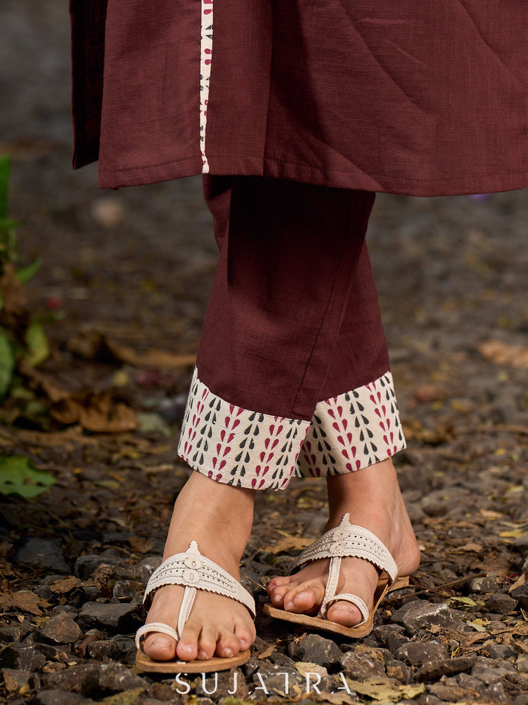 Brown Cotton Straight Pant with Ajrakh Details