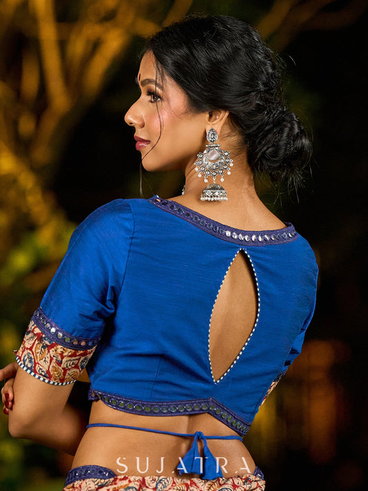 Chic Navy Blue Cotton Silk Blouse with Kalamkari Accent & Mirror Lace Trim
