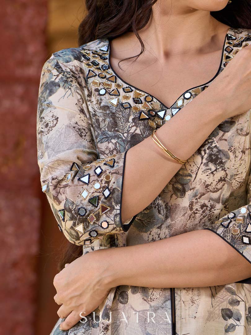 Elegant black–white floral kurta featuring a graceful bias silhouette, intricate mirror embroidery on the neck and sleeves, and a sweetheart neckline. - Pant Optional