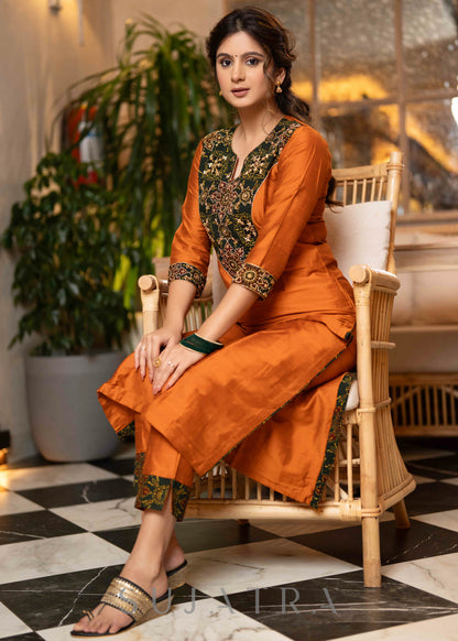 Hand Embroidered Rust Cotton Silk Kurta