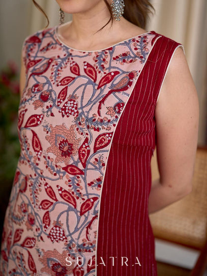 Dusty Peach Floral Hand Block Print Mul Cotton Kurta with Delicate Pintuck Detail