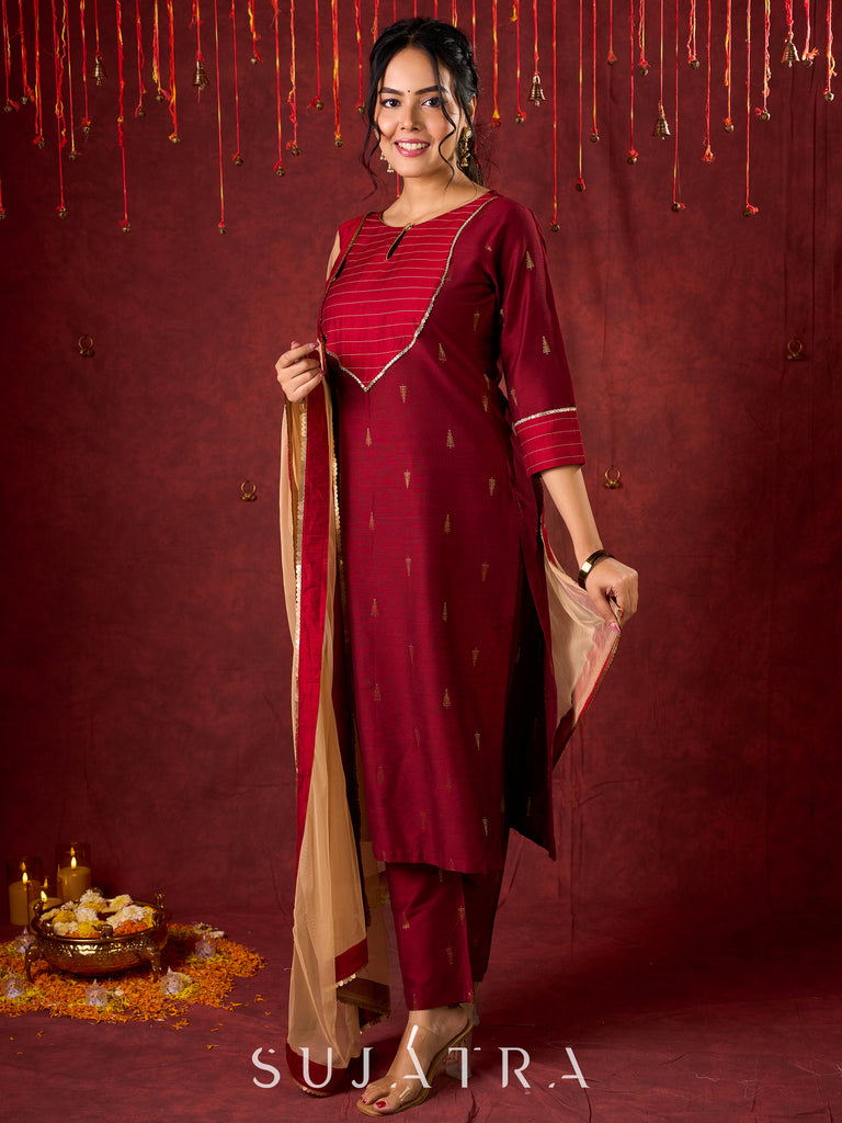 Elegant straight-cut kurta in maroon with shimmering golden buttis - Pant and Dupatta optional