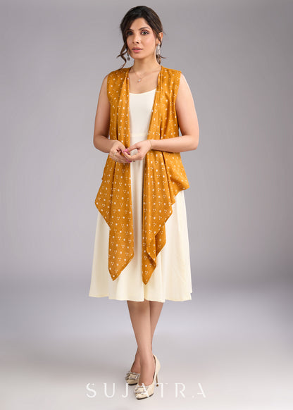 Mustard Majesty Viscose Bandhani Shrug in Flowy High Low Silhouette - Dress optional