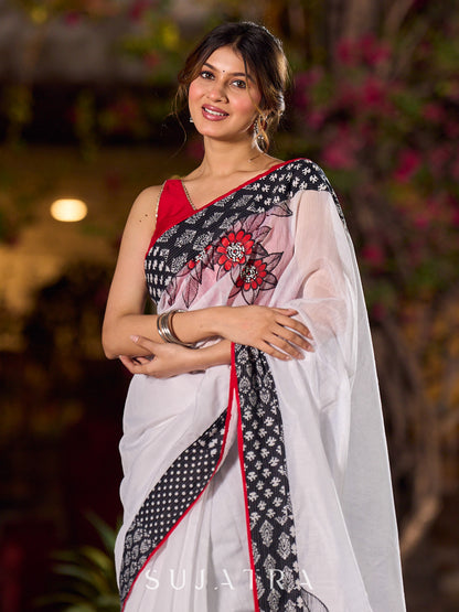 Classic White Chanderi Saree with Kantha Patchwork Blouse & Delicate Hand Painting