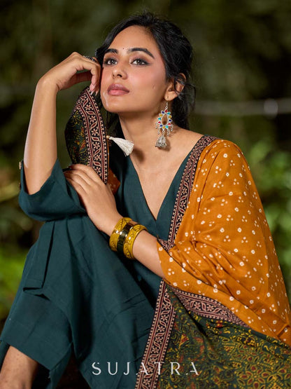 Sophisticated Mustard Bandhani Dupatta with Contrasting Ajrakh Pallu