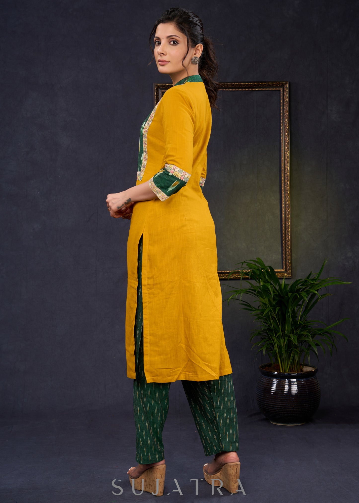 Exclusive-Mustard-Cotton-Straight-Cut-Kurta-With-Ikat-Combination-Yoke-&-Madhubani-Highlights--Pant-Optional