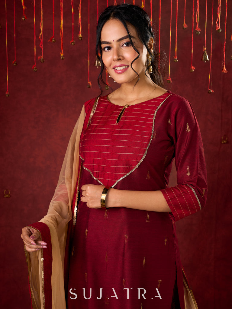 Elegant straight-cut kurta in maroon with shimmering golden buttis - Pant and Dupatta optional
