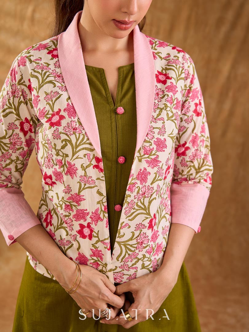 Dussehra Sale — Blossom Pink Floral Print Cotton Short Jacket with Pink Lapel Collar and Cuff