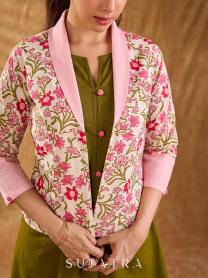 Blossom Pink Floral Print Cotton Short Jacket with Pink Lapel Collar and Cuff