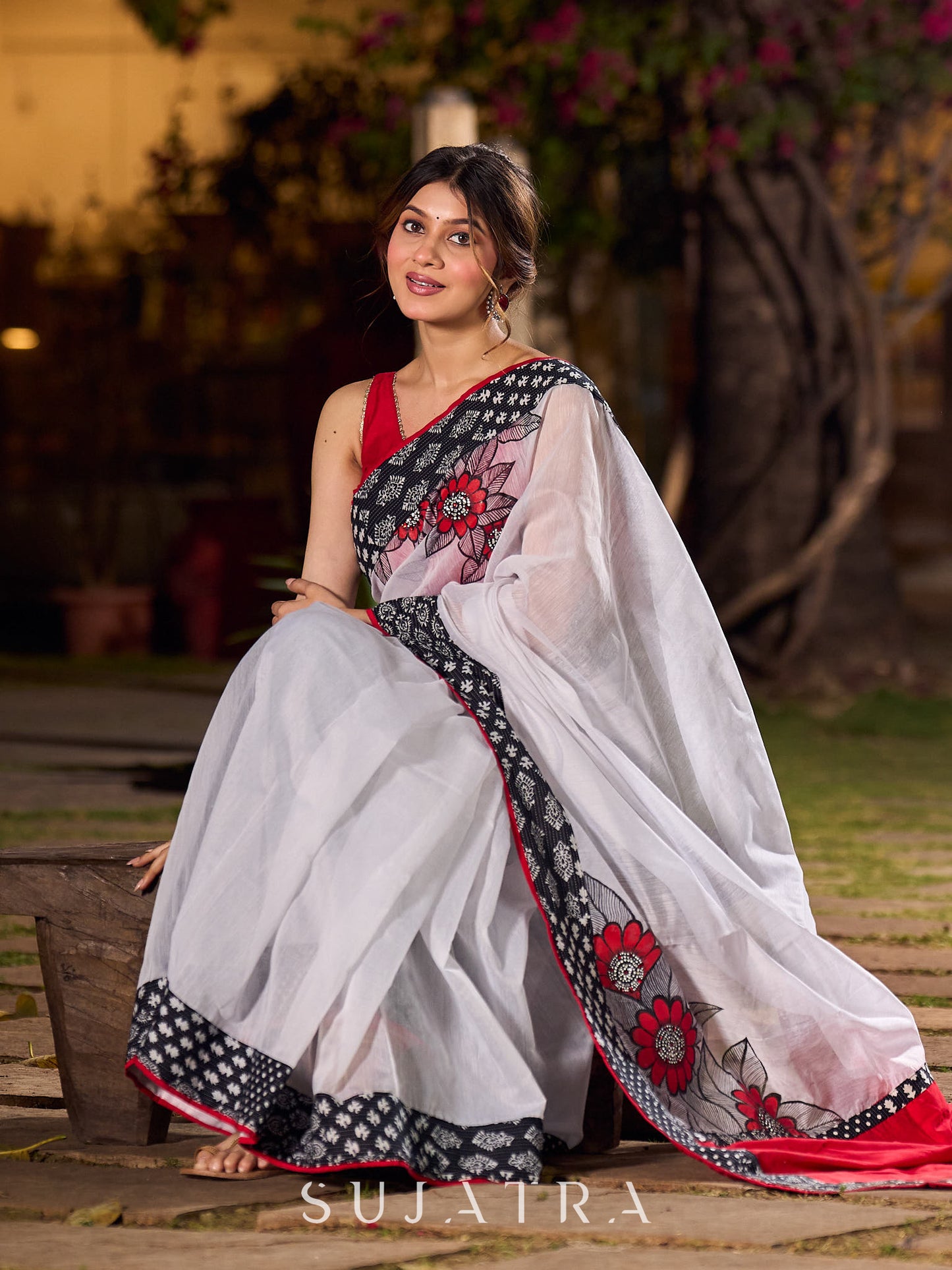 Classic White Chanderi Saree with Kantha Patchwork Blouse & Delicate Hand Painting