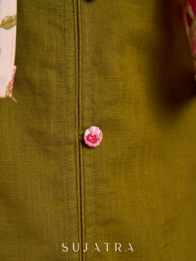 Olive Green Cotton Sleeveless A-Line Dress with Pink Button Front & Side Slit