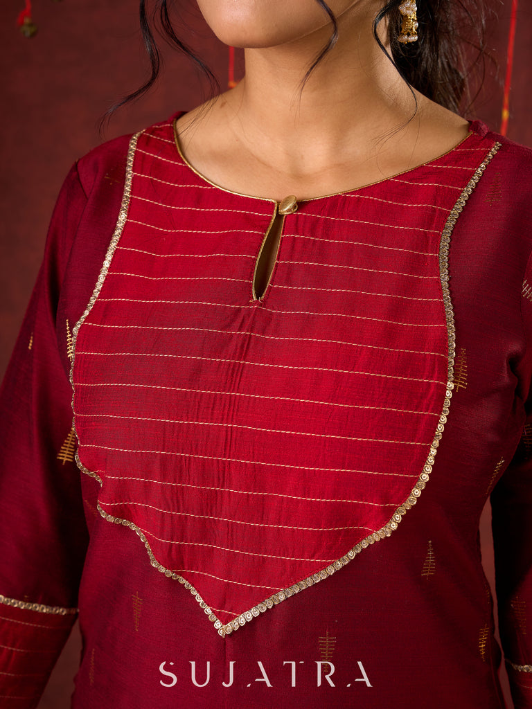 Elegant straight-cut kurta in maroon with shimmering golden buttis - Pant and Dupatta optional