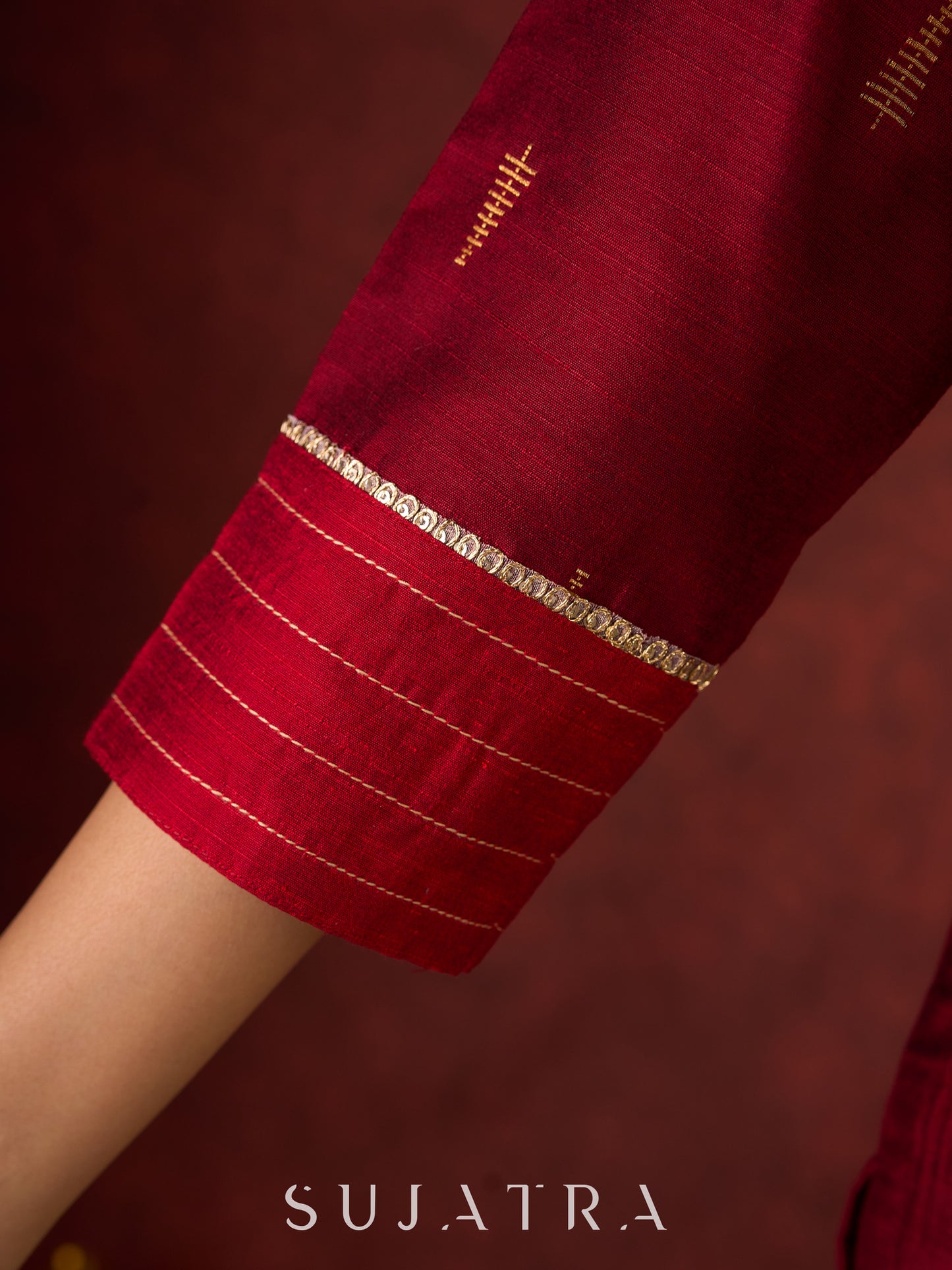 Elegant straight-cut kurta in maroon with shimmering golden buttis - Pant and Dupatta optional