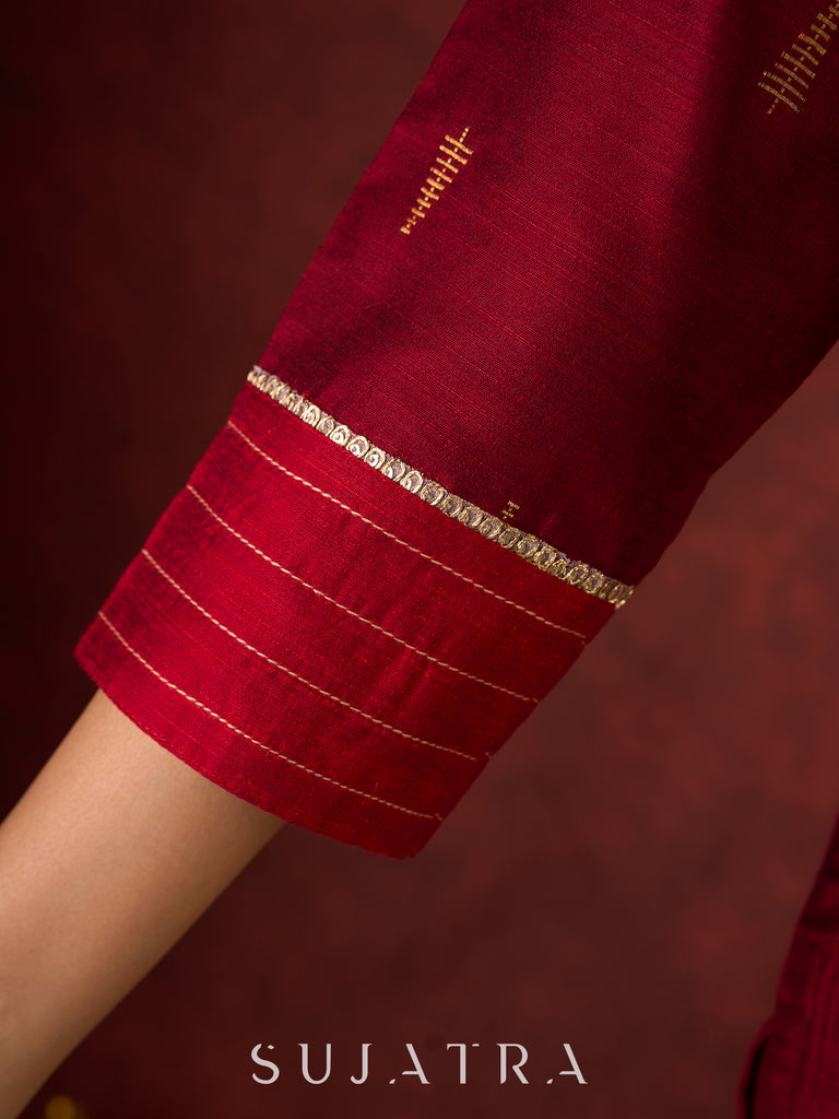 Elegant straight-cut kurta in maroon with shimmering golden buttis - Pant and Dupatta optional