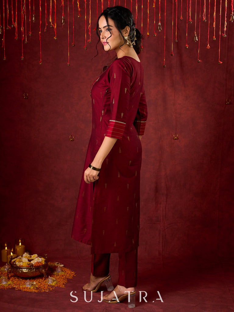 Elegant straight-cut kurta in maroon with shimmering golden buttis - Pant and Dupatta optional