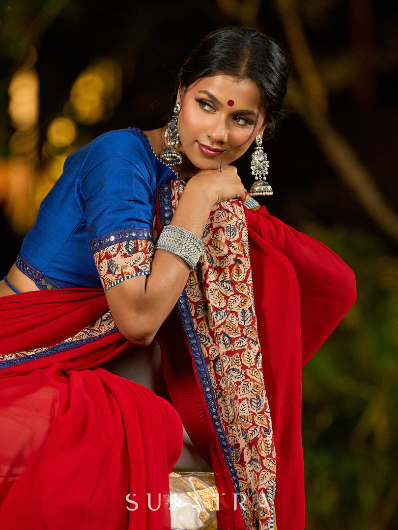 Poised Red Georgette Saree with Kalamkari & Indigo Border Highlighted with Mirror Lace Trim - Blouse Optional