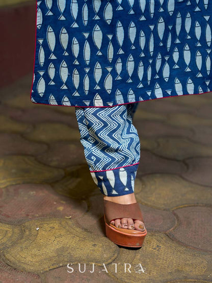 Deep Indigo Kurta with Playful Fish Print, Sculpted Neckline and Magenta Embroidery Accents