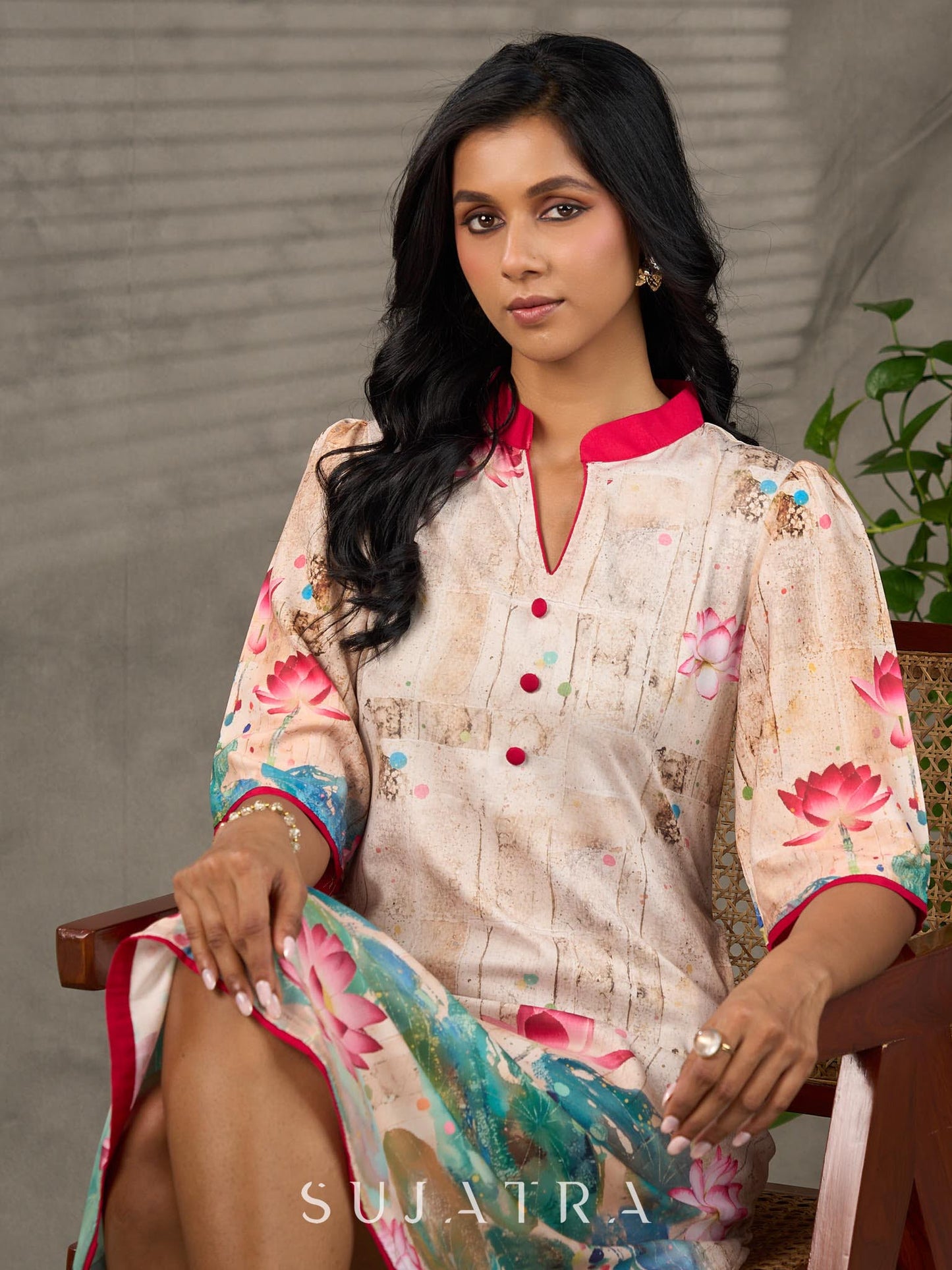 Pichwai-inspired off white lotus print dress with pink accents.