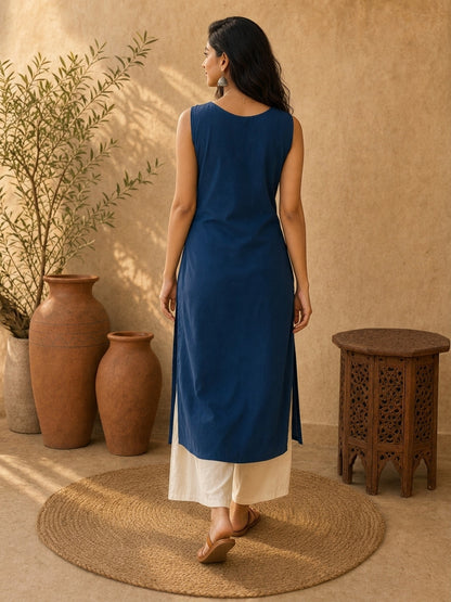 Chic Navy Blue Sleeveless Rayon Kurta with Floral Printed Yoke & Keyhole Neckline