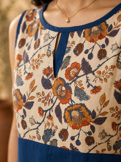 Chic Navy Blue Sleeveless Rayon Kurta with Floral Printed Yoke & Keyhole Neckline