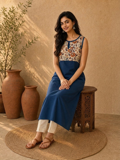 Chic Navy Blue Sleeveless Rayon Kurta with Floral Printed Yoke & Keyhole Neckline