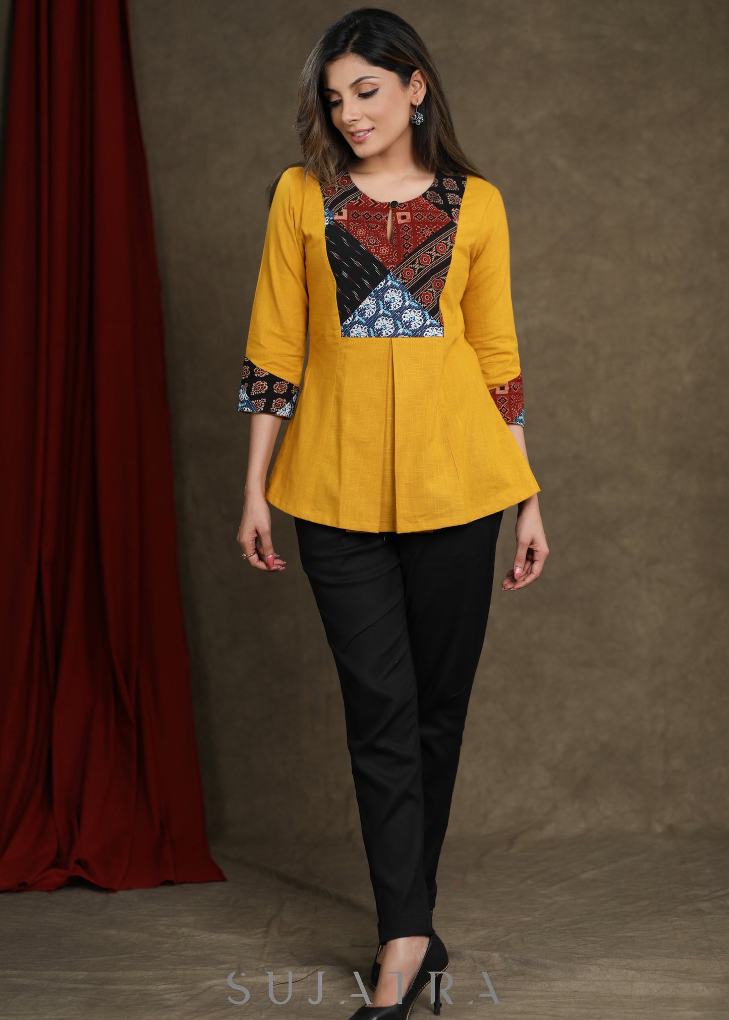 Mustard Cotton Top with Ajrakh Patchwork Yoke